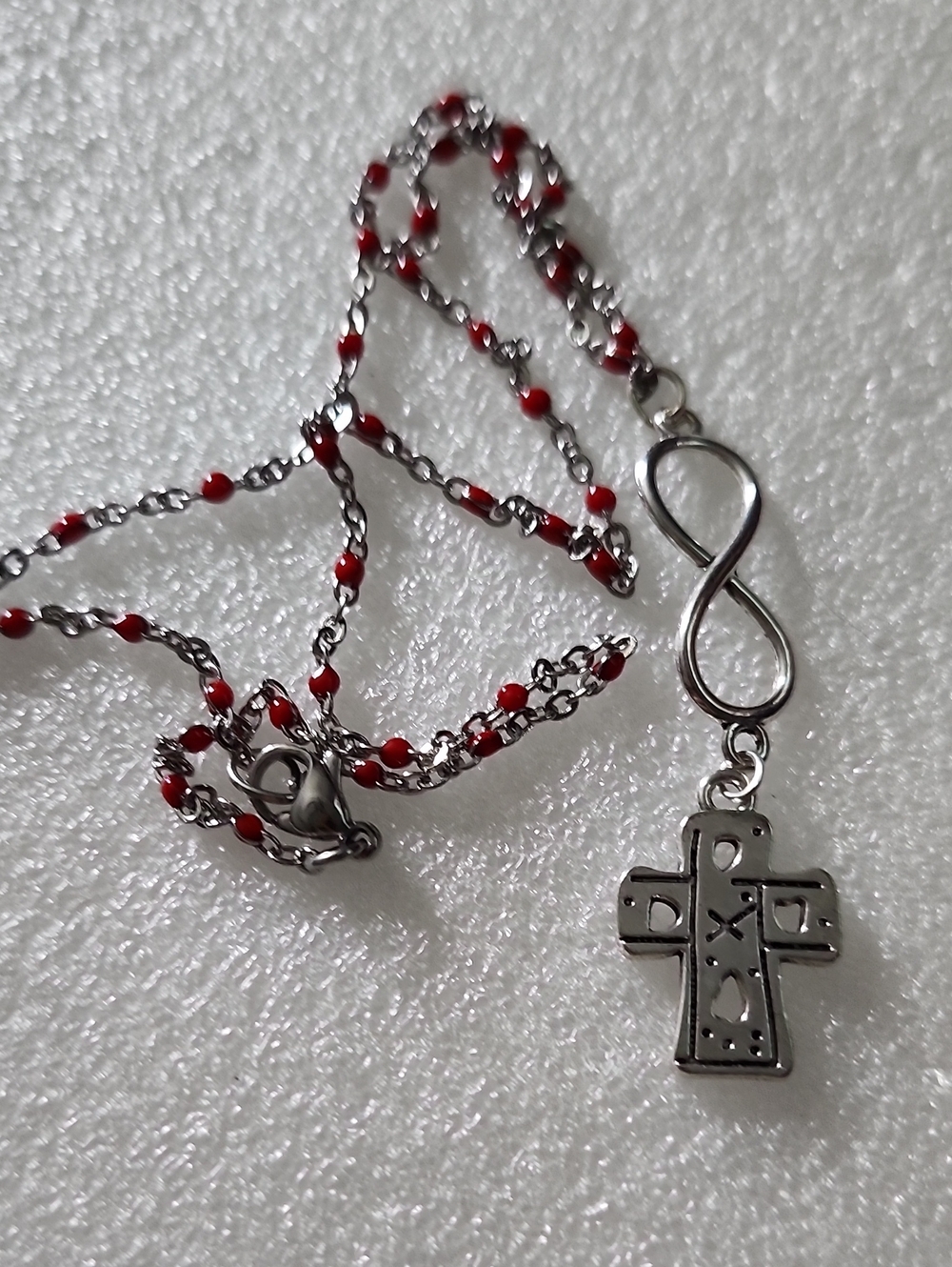 Hand Crafted Red Beaded Infinity & Cross Pendant Necklace